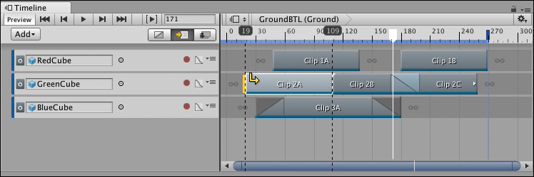 For example, the yellow arrow cursor indicates that trimming the start of Clip 2A in Ripple mode changes the clip duration and affects the clips and gaps after the ripple point: Clip 2B and Clip 2C.