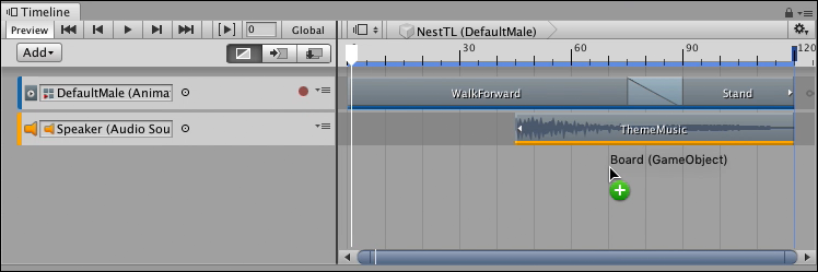 The Board GameObject is associated with the BoardTL Timeline instance. Drag the Board GameObject into the NestTL master Timeline to nest the BoardTL Timeline instance in the NestTL Timeline instance.