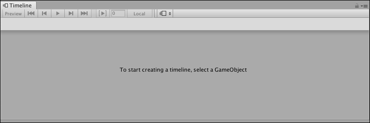 With no GameObject selected, the Timeline window provides instructions