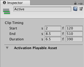 Inspector window when selecting an Activation clip in the Timeline window