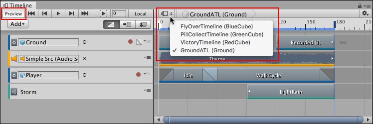 Timeline **Preview** button with Timeline Selector and menu. Selecting a Timeline instance automatically enables the Timeline Preview button.