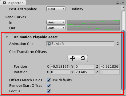 Select an Animation clip. In the Inspector window, expand **Animation Playable Asset** (red) to view the **Clip Transform Offsets**.