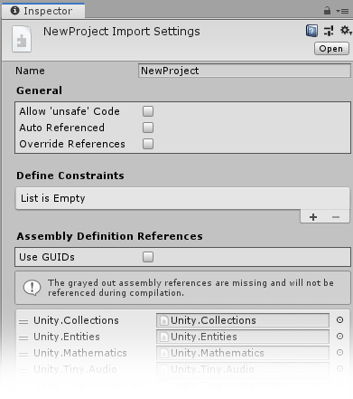The inspector for the Assembly Definition file