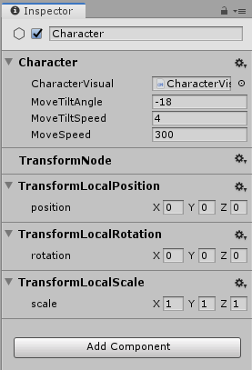 The inspector in Tiny mode, showing an entity with a script and Transform-related components attached