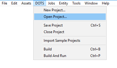 The DOTS Open Project menu option