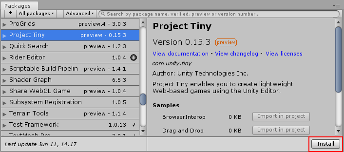 The package manager window, showing the Project Tiny Install button