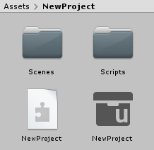 The asset files for a default new DOTS Mode project showing the .asmdef file (the jigsaw-piece icon) and the .project file (the grey file box icon)
