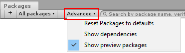 The preview packages option in the Package Manager window
