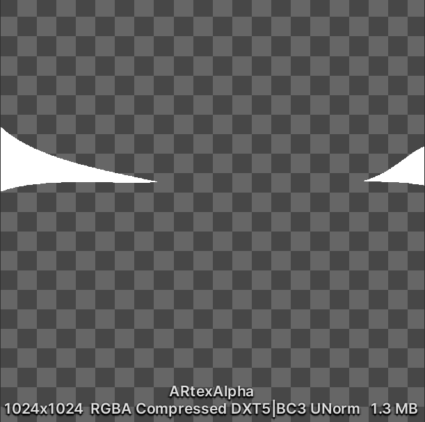 A 1024 x 1024 RGBA Compressed DXT5|BC3 Norm transparent square texture with white v-shaped areas at the left and right edges. The size of the texture is 1.3MB.