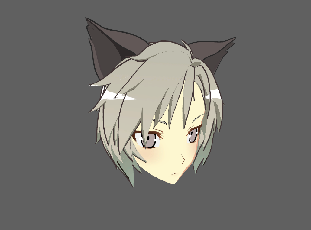 The head of a chibi-style character, with  the v-shaped highlights on the left and right of their hair.