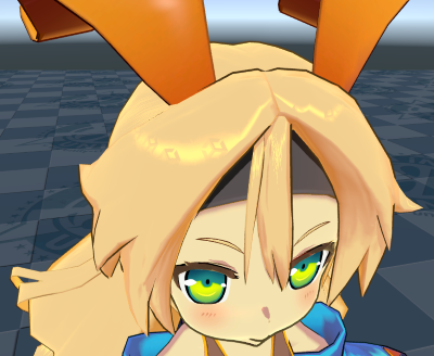 A view from above a chibi-style character model with blonde hair. Her hair has a bow-shaped brighter yellow specular highlight, with Unity logos cut out in the unlit hair color.