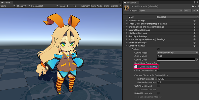 The same character model. In the Inspector window of the Toon shader, the Outline Width Map property is set to a texture. There's no longer an outline around the eyes of the character.