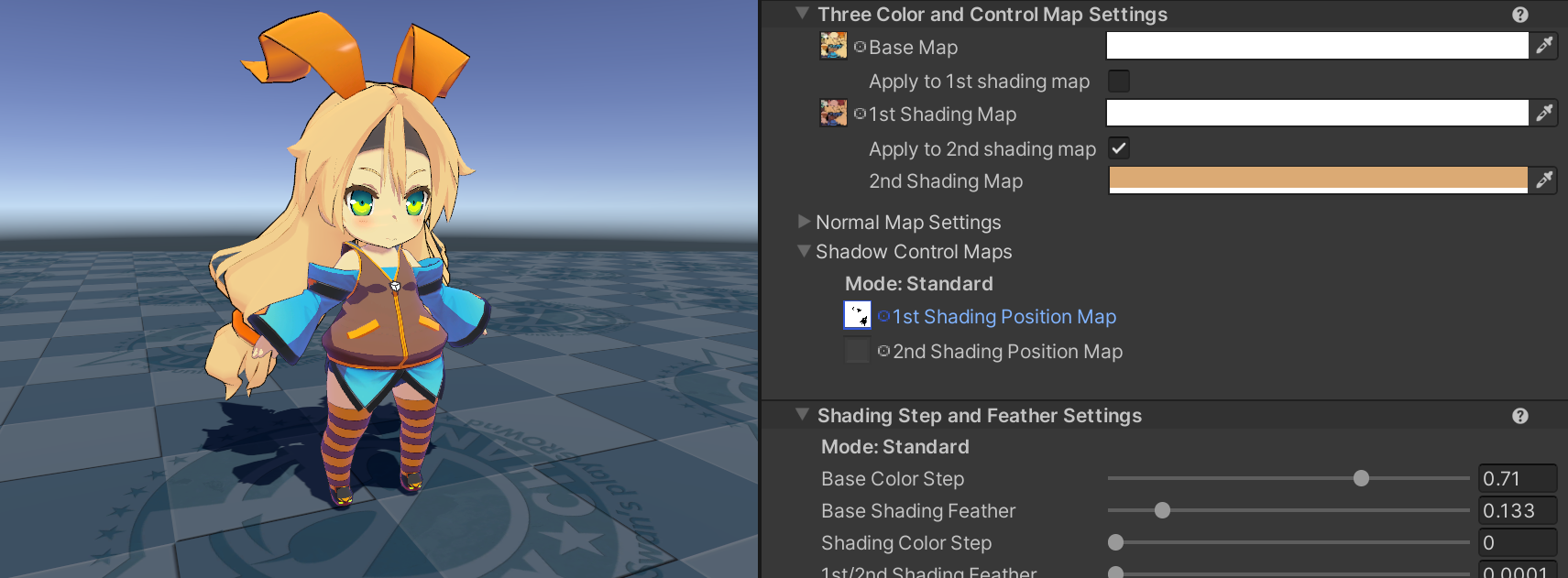 The same model. In the Inspector window, the 1st Shading Position Map property is set to the shading position map texture.