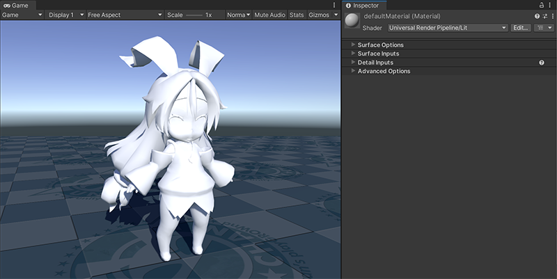 A fully white chibi-style character model with long hair and rabbit ears. The Inspector window is open with the Lit material of the Universal Render Pipeline.