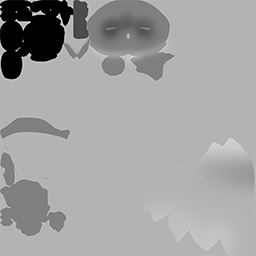 A square grayscale texture that matches the Base Map. Most of the map is a consistent light gray. The face, legs, and hands are a darker gray. The white areas of the Base Map in the top-left are now black.