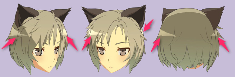 The head of a chibi-style character with feathered hair and cat ears. The head is oriented from three angles: side, front, and back. In each angle, two bright highlights appear in the same place on the left and right.