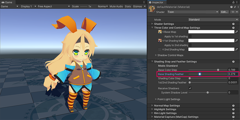 The same character model. In the Inspector window of the Toon shader, the Base Shading Feather property is set to 0.279. The shadows on the model are more blended.