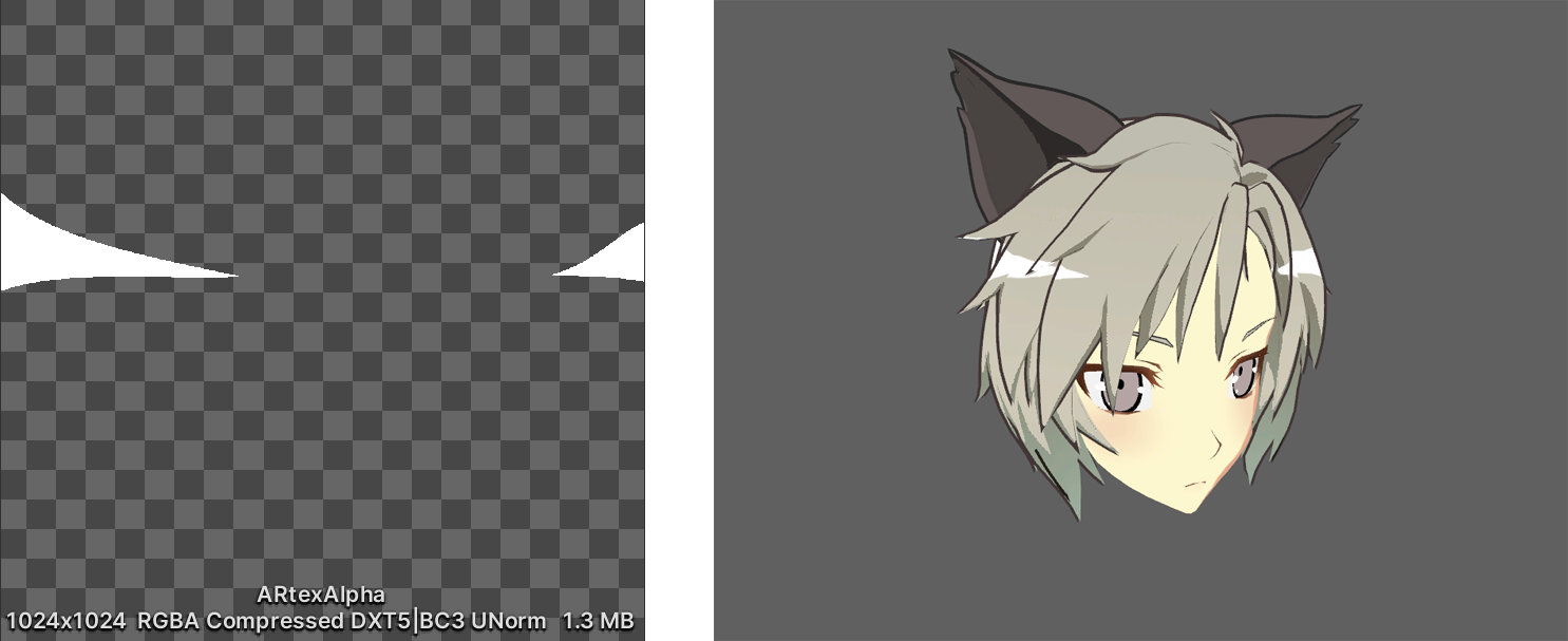 The head of a chibi-style character, with the v-shaped highlights on the left and right of their hair. This uses a 1024 x 1024 RGBA Compressed DXT5|BC3 Norm transparent square texture with white v-shaped areas at the left and right edges.