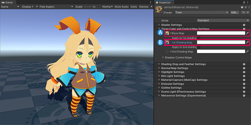 The same character model with the same shader selected. The Base Map property and the 1st Shading Map properties in the Inspector window are set to UV texture maps that have the shapes and colors for the model. The character is now fully textured.