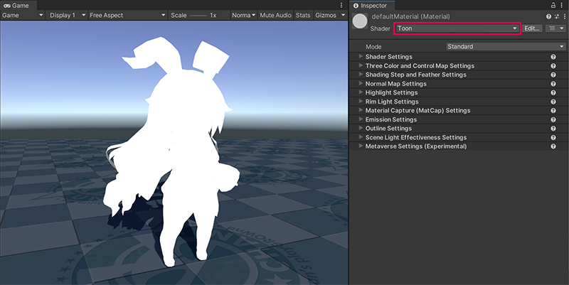 The same character model with the Toon shader selected in the Inspector window. The model is now a flat white silhouette.