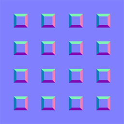 An example of a normal map. A square surface with 16 small raised squares in a regular layout. The edges of the raised squares use a different color for each normal direction.