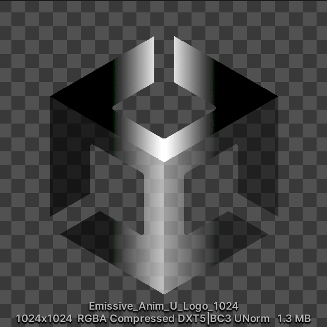 The Unity logo against a transparent background. The color fades from bright white at the center to black at the edges. The texture dimensions are 1024 x 1024, the texture size is 1.3MB, and the texture type is RBGA Compressed DXT5|BC3 UNorm.