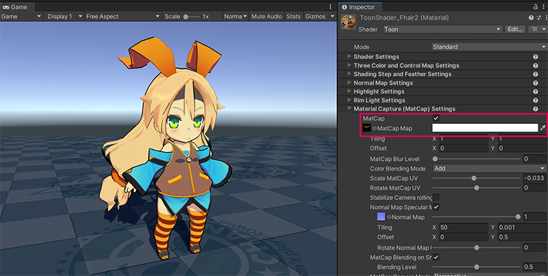 The same character model. In the Inspector window of the Toon shader, the MatCap Map property is set to a texture. The shadows and outlines on the hair look more three-dimensional.