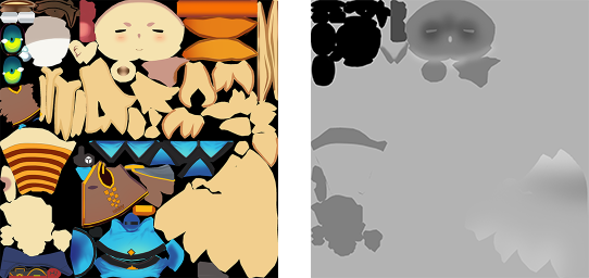 The UV map that contains all the parts of the model, and a square grayscale texture as the Outline Width Map. Most of the Outline Width Map uses a uniform light gray, while the face, legs, and hands are in a darker gray.