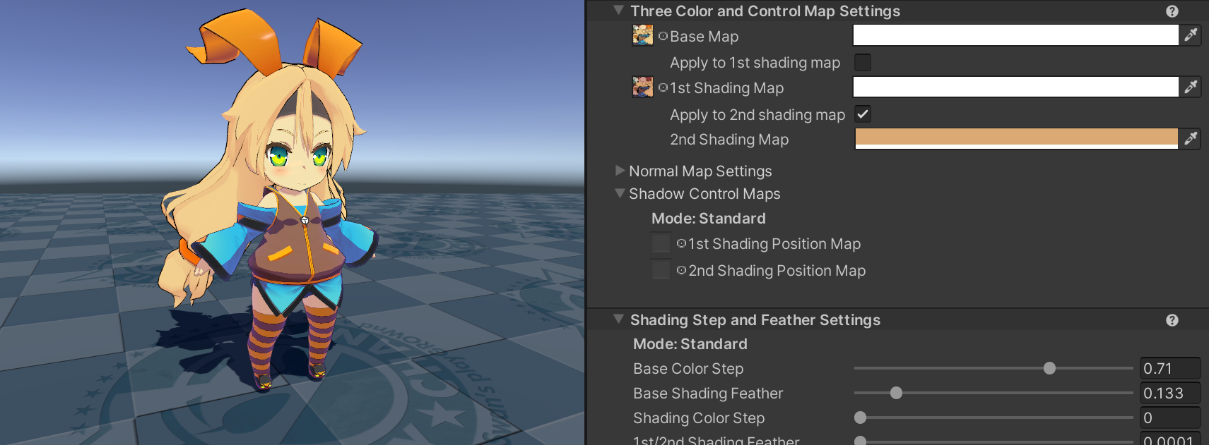 A chibi-style character model with rabbit ears. In the Inspector window, the 1st Shading Position Map and 2nd Shading Position Map properties are empty.