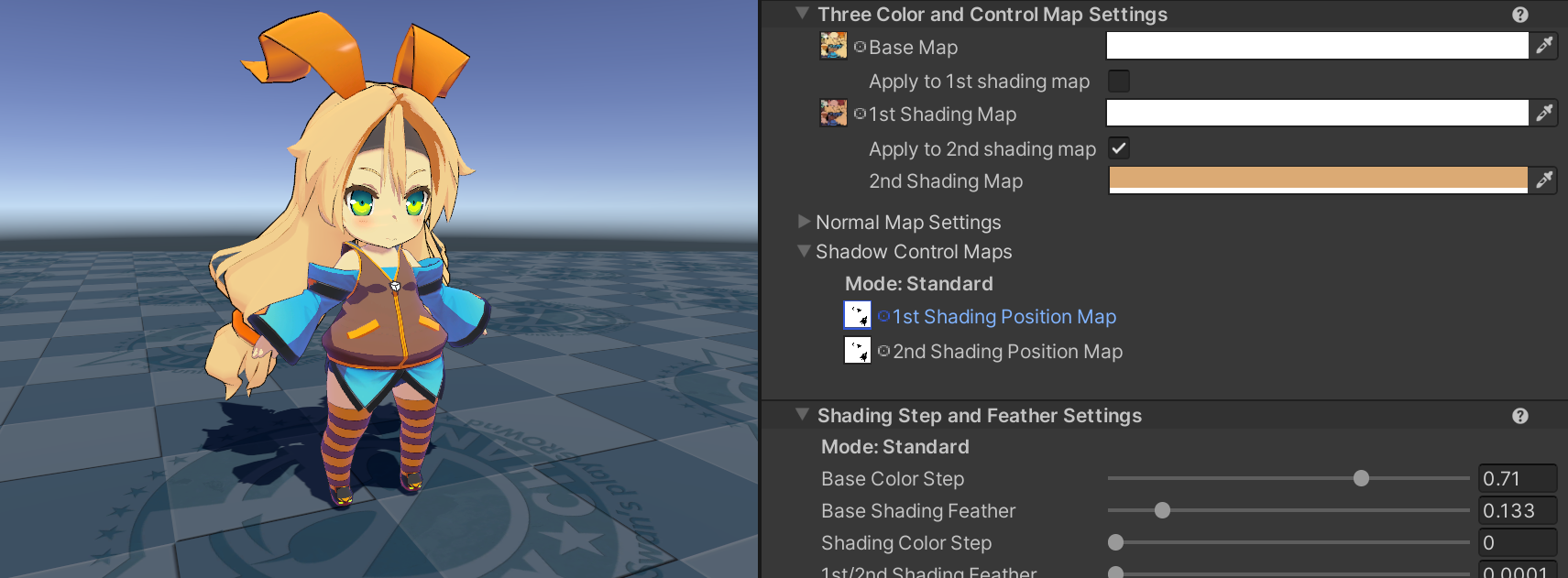 The same model. In the Inspector window, both the 1st Shading Position Map and 2nd Shading Position Map properties are set to the shading position map texture. 