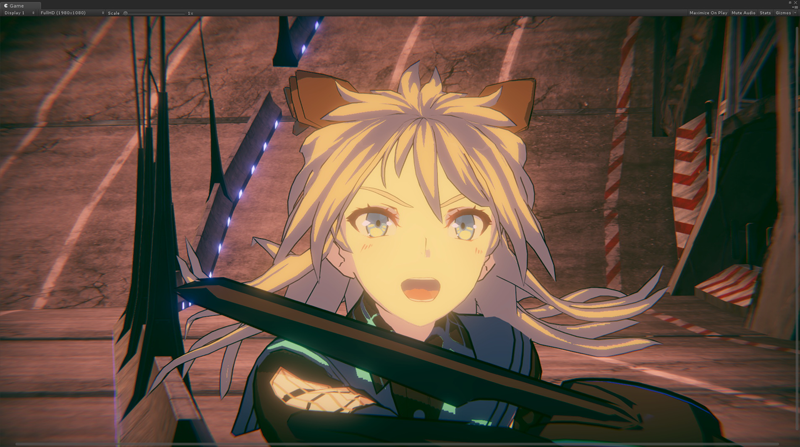 An image from the toon-shaded film The Phantom Knowledge in the Scene view of the Unity Editor. A close-up of a girl raising a weapon with a ruined cityscape in the background.