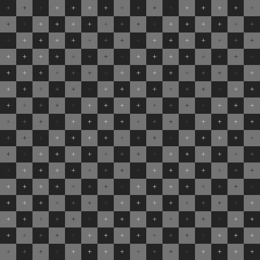 A square checkerboard pattern of black and gray squares. Each square has a plus symbol at its center.