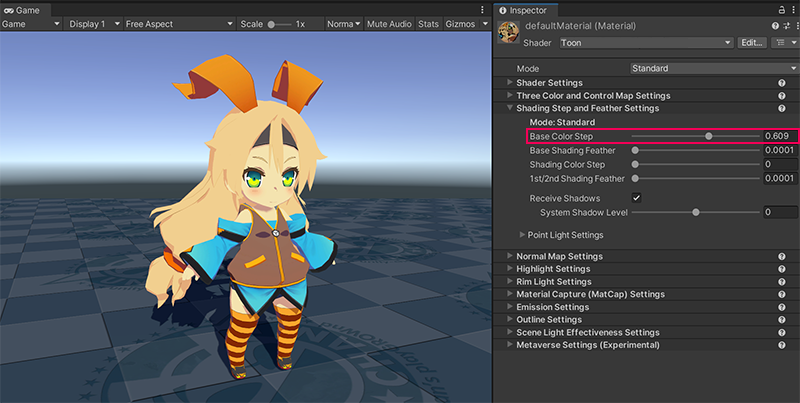 The same character model. In the Inspector window of the Toon shader, the Base Color Step property is set to 0.609. The shadows on the model are more prominent.
