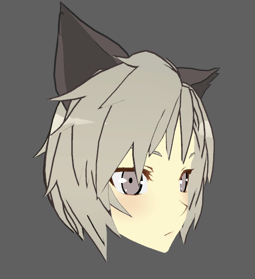 A chibi-style face with yellow skin, grey hair, brown cat ears, large eyes, and rosy cheeks.