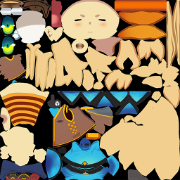 A UV map texture that contains all the parts of a chibi-style character model.