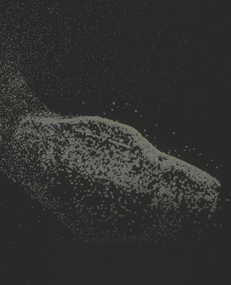 A car-shaped signed distance field made up of particles.