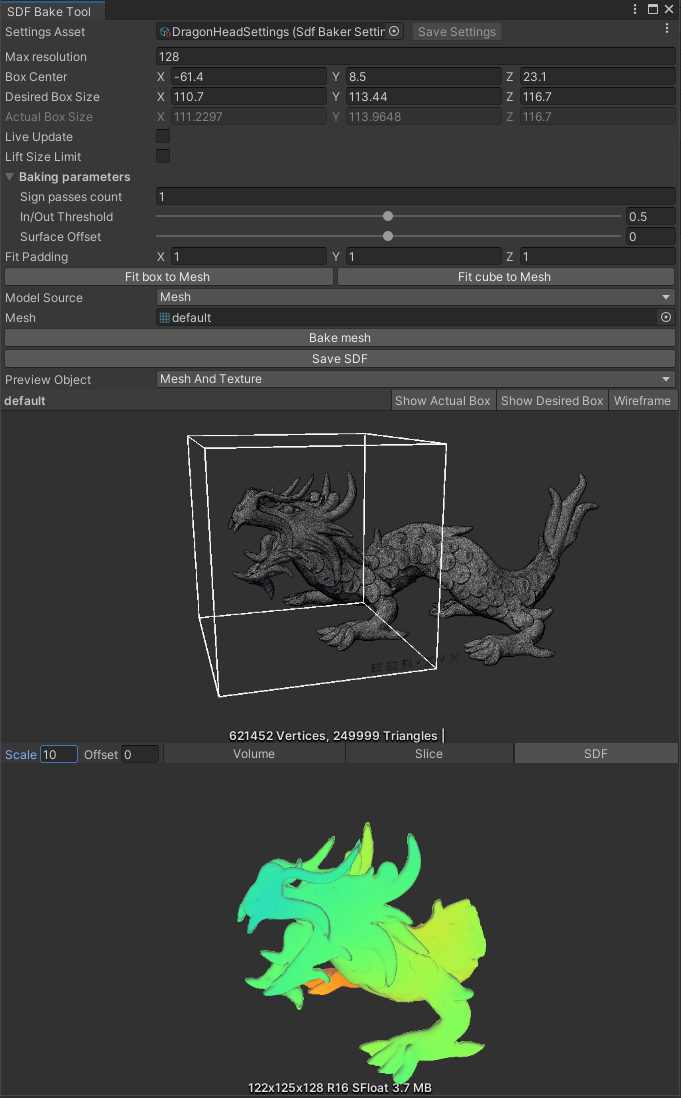 The SDF Bake Tool window previewing a Mesh asset and its SDF representation.