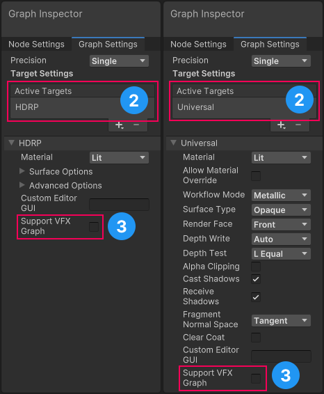 Graph Settings UI showing Target selection and VFX Graph Support