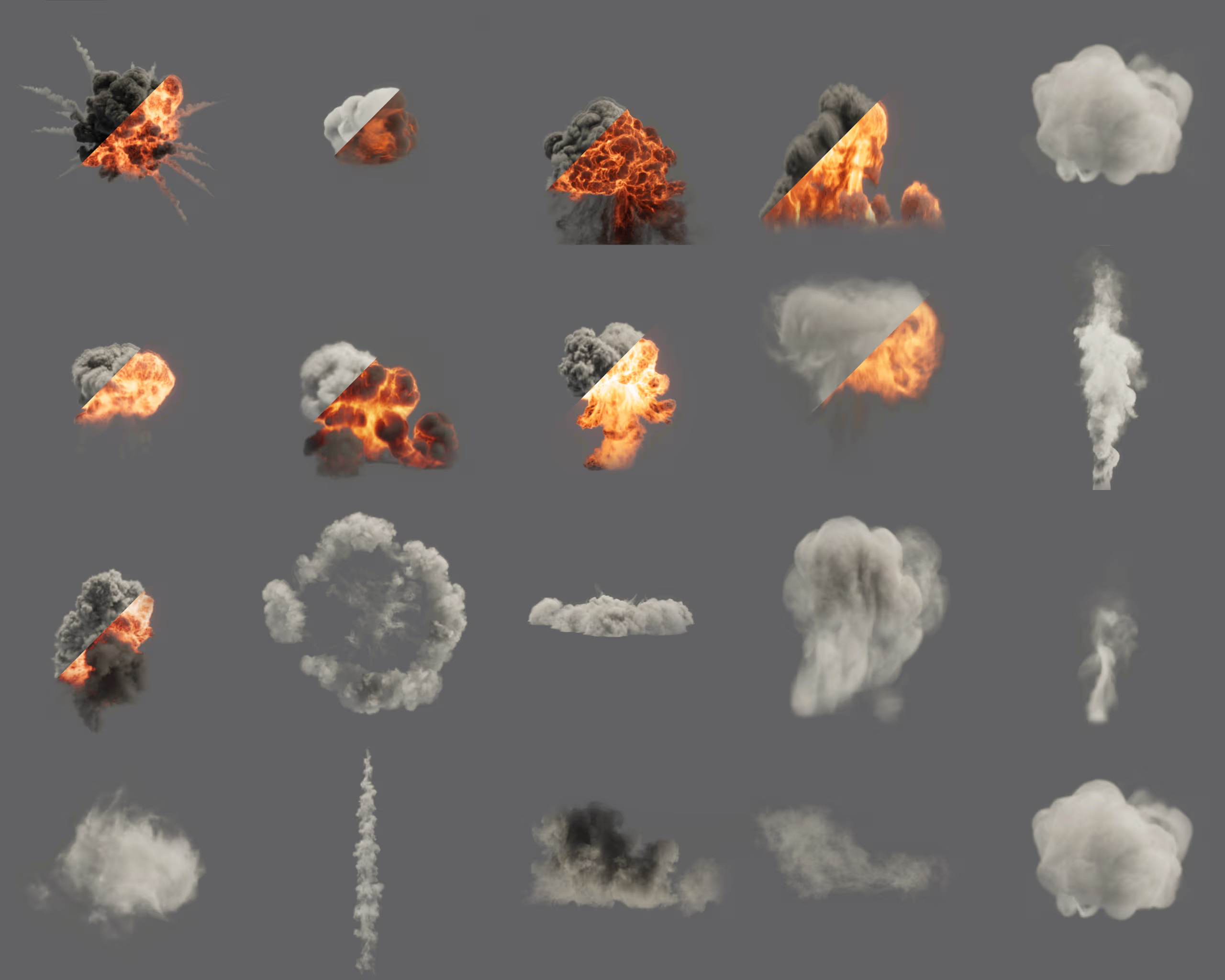 A series of clouds and explosions in different shapes.