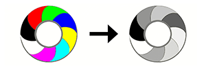 Left: A ring with segments of different colors. Right: The same ring using shades of gray that represent the perceived brightness of each color.