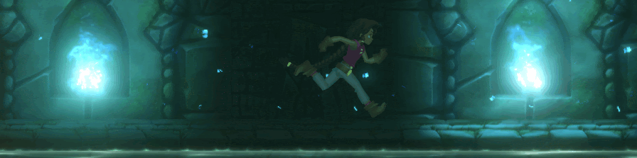 A sprite running across a temple.