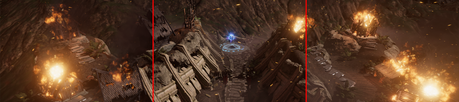 A scene of a wooden tower exploding in a valley fortress. Left: Uses temporal anti-aliasing (TAA). The embers are harder to see and small ones are not there at all. Center: Excludes visual effects from TAA. All embers are clearer, small embers are still visible, and the rest of the image uses anti-aliasing. Right: Does not use TAA. All embers are clearer, small embers are still visible, but the rest of the image has no anti-aliasing.
