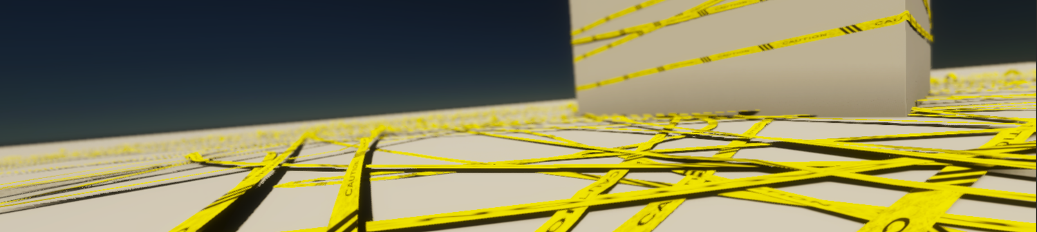 Yellow caution tape ribbons loosely intertwined on the floor and encircling a cube.