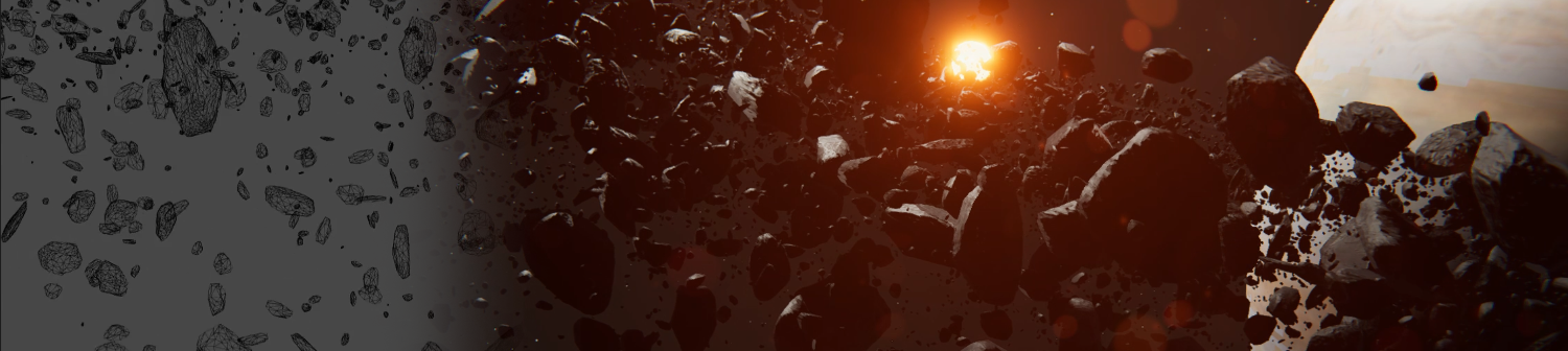 A stylized space scene featuring glowing cosmic elements such as nebula-like clouds, particles, and vibrant lights set against a dark, starry background.