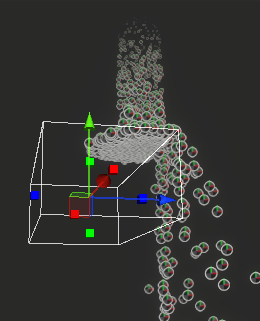 A cascade of particles falls onto the upper surface of a cube and cascades down the side.