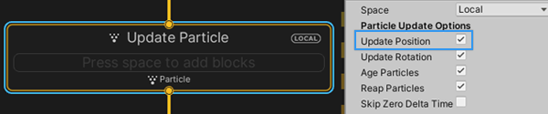 Unity adds a Update Position Block when you enable Update Position in the Update Context's Inspector.