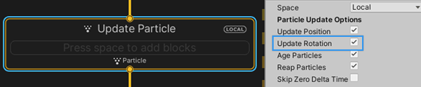 Unity adds a Update Rotation Block when you enable Update Rotation in the Update Context's Inspector.