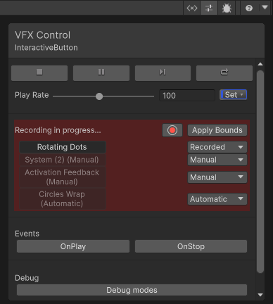 The VFX Control window. The Bounds Recording section has a red background, and the Bounds Recording label is now replaced with the text Recording in Progress.