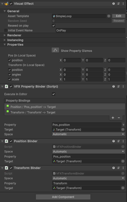 A Visual Effect component that uses VFX Property Binder to bind a GameObject's Transform and Position components to VFX Graph's exposed properties of the same type.