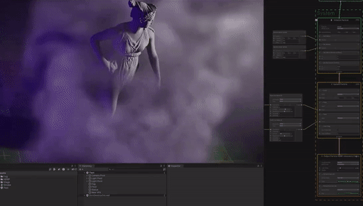 A scene of a woman statue covered in fog.